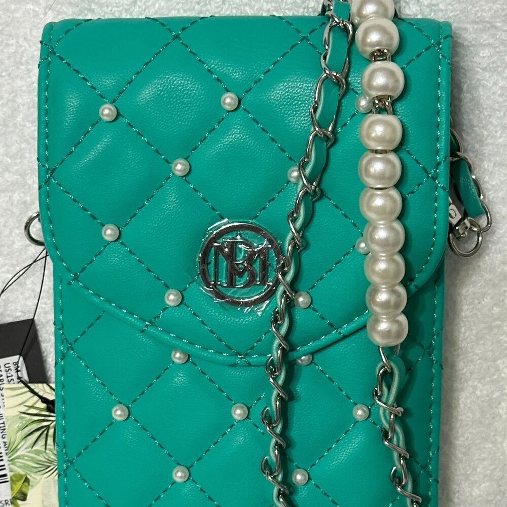 Badgley Mischka Pearls Strap Phone Case with Diamond Quilting and Pearls -Green-